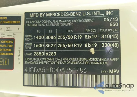 2013 Mercedes-Benz Ml 350 4Matic из США, поврежденный, VIN 4JGDA5HB0DA250786